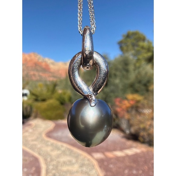 Vintage 18k Solid Gold Cultured Tahitian Black Pearl Pendant Necklace 12.3mm - Picture 13 of 13